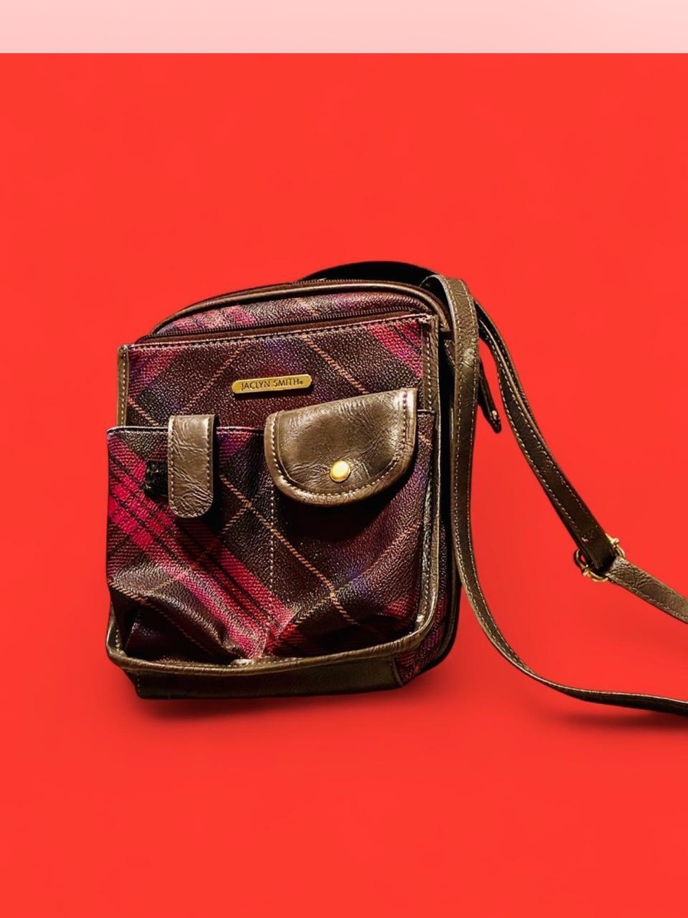 Jaclyn Smith Burgundy Plaid Crossbody Bag with Brown Trim